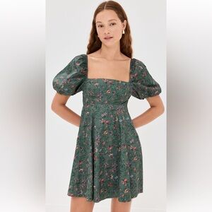 Hill House the Matilda Mini Dress - in fleur chintz/bottle green Puff Sleeve